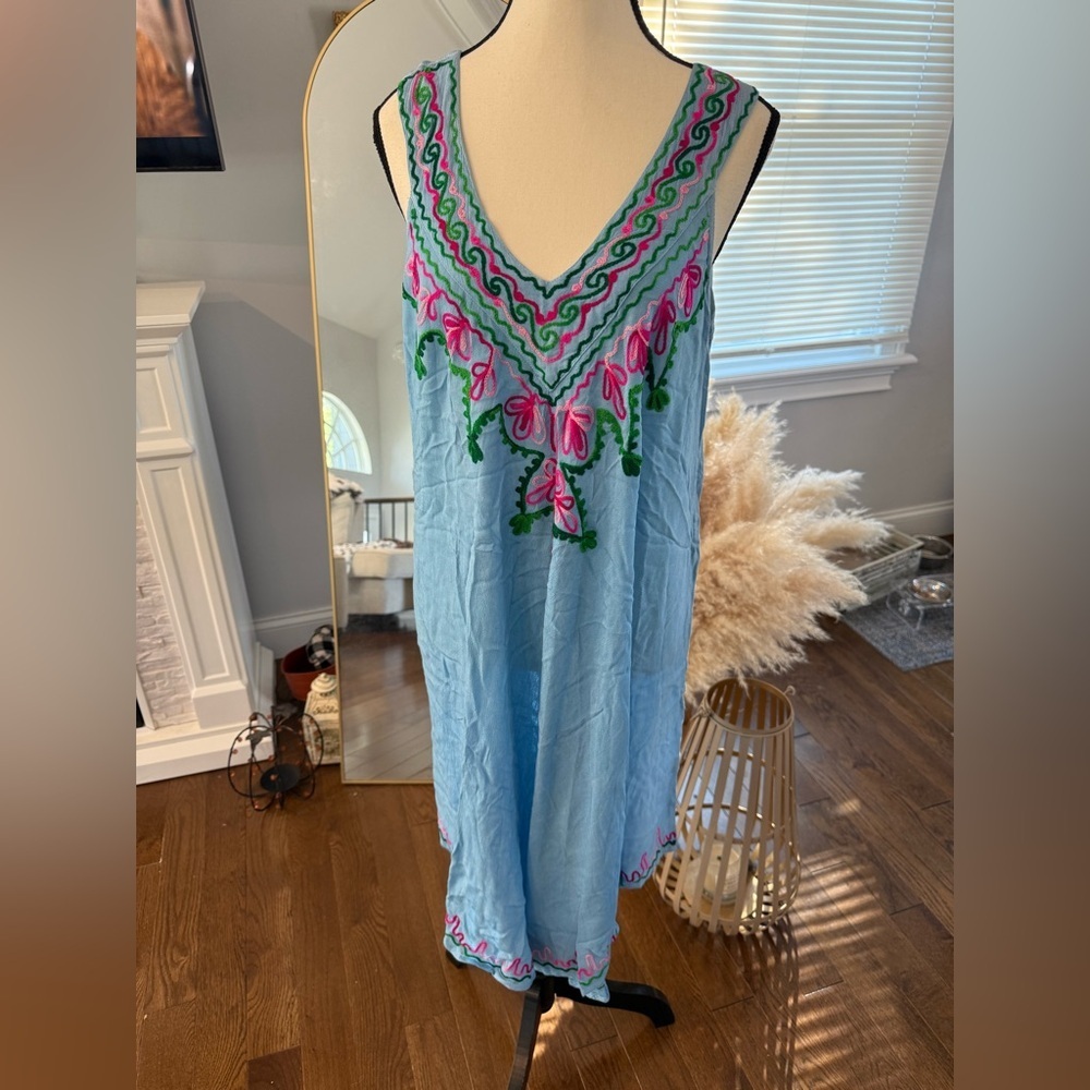 Buddha Clothing Blue Dress with Pink and Green Embroidery